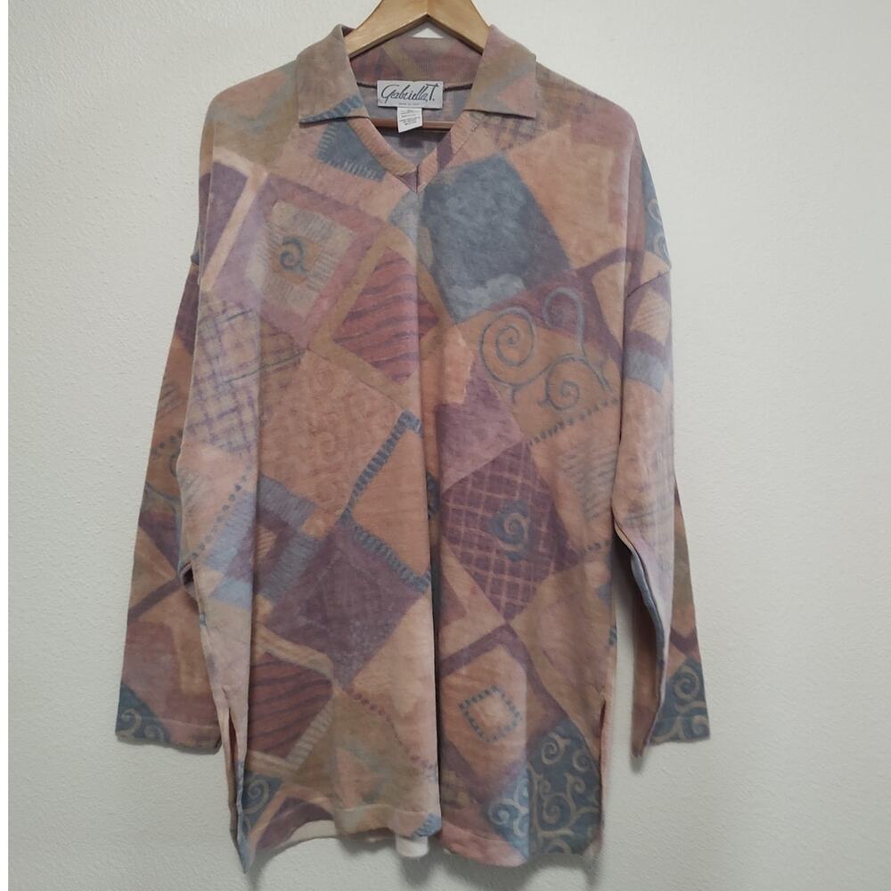 Gabriella T. Abstract Merino Wool Blend Long Sleeve V-Neck Tunic Sweater Size 2X